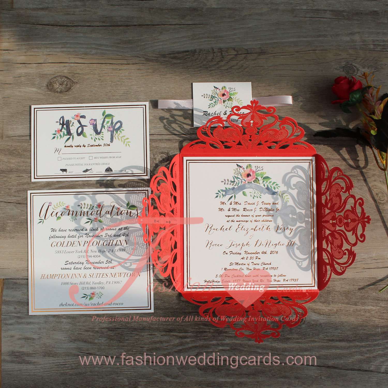 Shimmer Red Laser Cut Wedding Invitations Printed